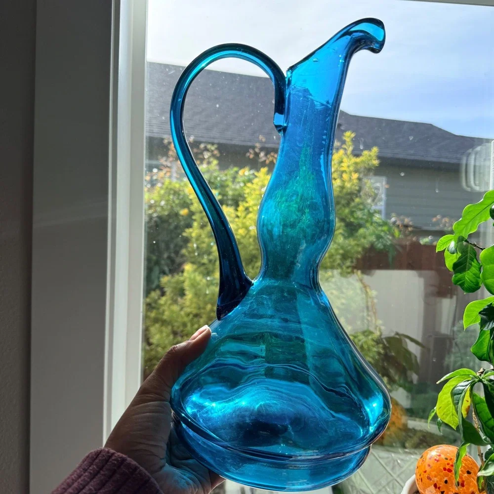 Vintage Blue Art‎ Glass Pitcher Hand Blown 13